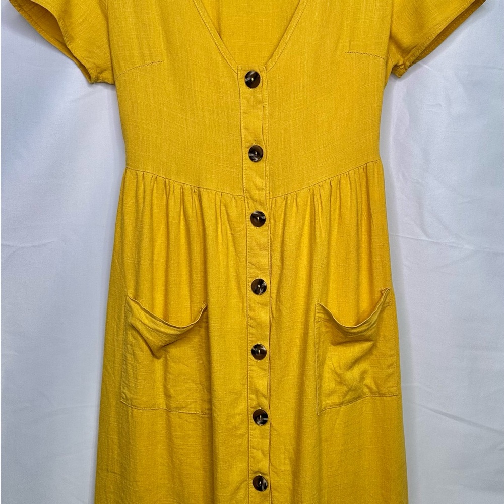 Vintage Yellow Cotton Linen  Button-Down Shirt Dress Pockets Paper Tag Classic